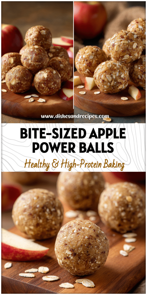 Round Apple Protein Balls with oats and apple pieces arranged on a wooden board as Healthy Snacks Before Sports.